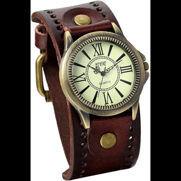JewelryWe Vintage Wrist Watch Wide Leather Strap Band Cuff Quartz Watche